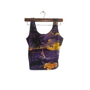 Y2K Tropical Print Tank Top‎ Purple Yellow Hawaiian Palm Tree Sleeveless